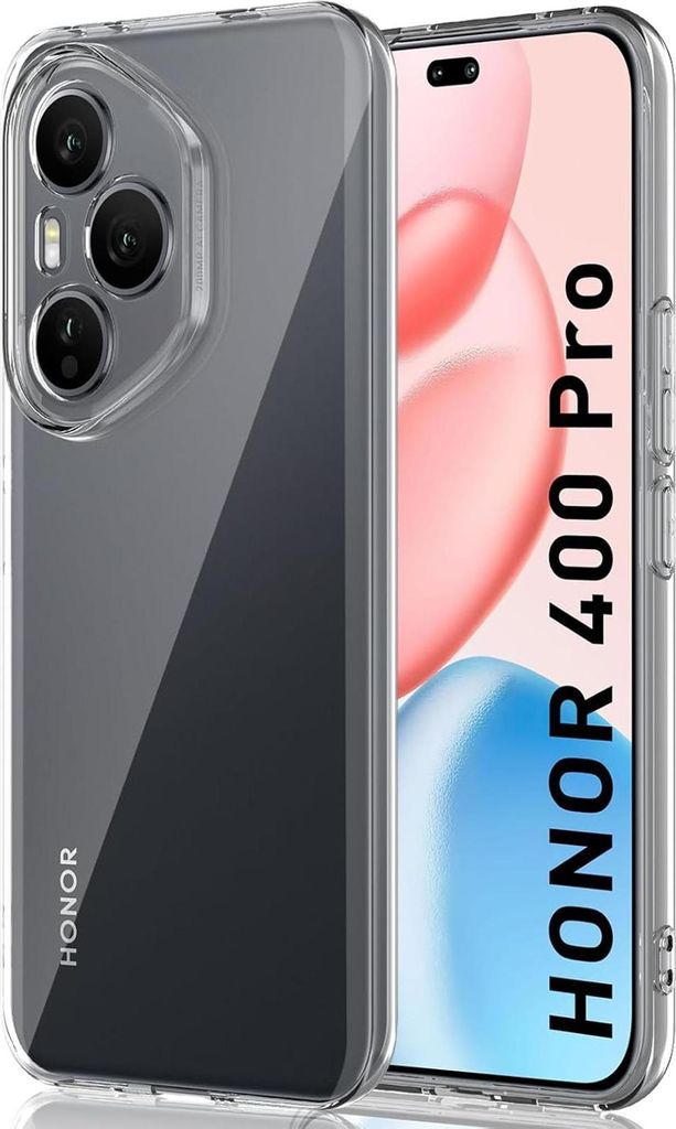 A clear phone case is shown next to a phone with a colorful background.