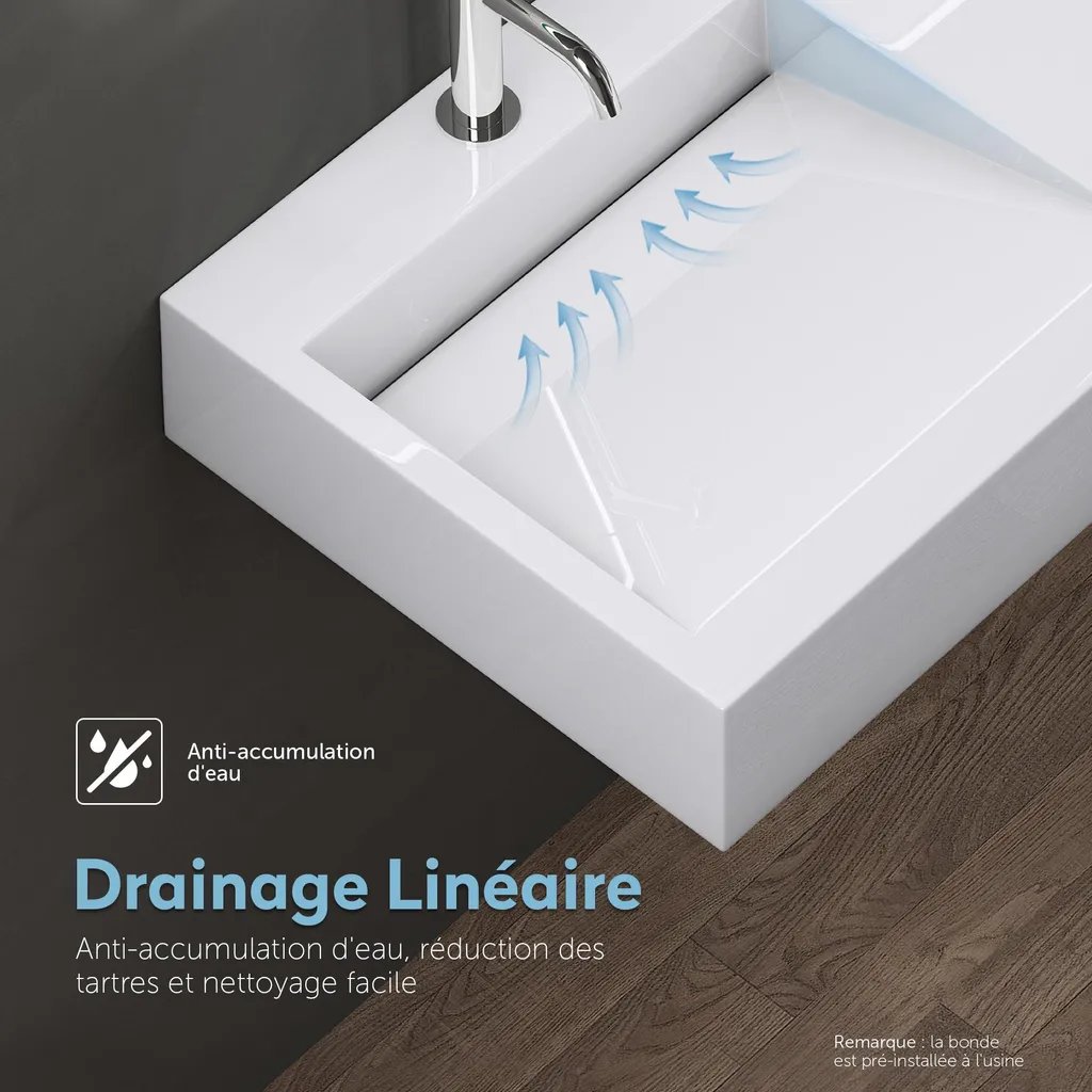 Grand Lavabo Suspendu Mural Rectangulaire 100cm en Solid Surface Blanc