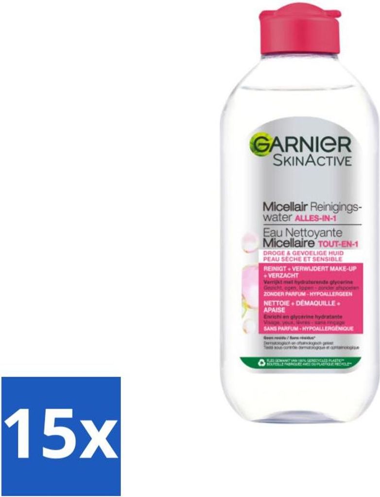 Garnier - SkinActive - Mizellen-Reinigungswasser - Trockene & empfindliche Haut - Feuchtigkeitsspendend & Reinigend - 400 ml - Vorteilspack - 15 St...