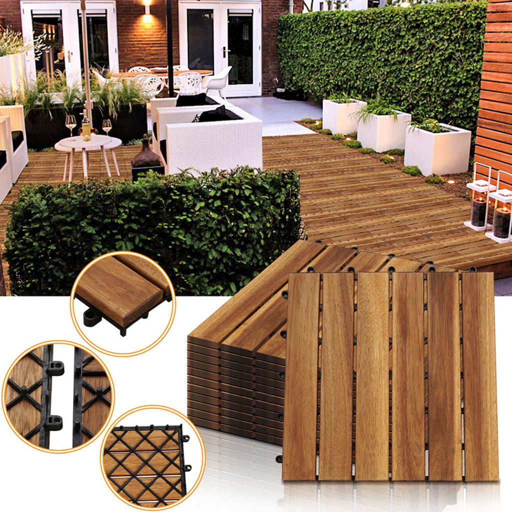 Jopassy Holzfliesen aus Akazien Holz 30x30cm, 6 Latten Fliese 2m², Bodenfliesen für Terrassen und Balkon(22 Stück)