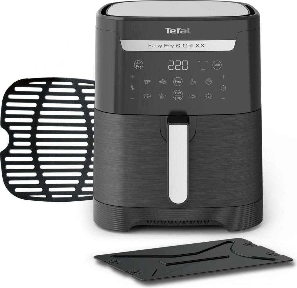 A Tefal Easy Fry & Grill XXL air fryer and its accessories are displayed on a white background.