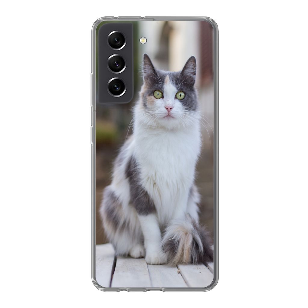 MuchoWow Handyhülle Schutzhülle Hülle für Samsung Galaxy S21 FE Katze - Porträt - Tisch - Mädchen - Kinder - Jungen Silikon Softcase Handy ...