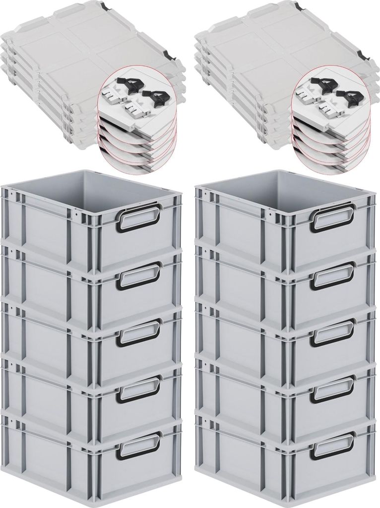 SuperSparSet 10x Eurobox NextGen Color mit Scharnierdeckel und Schiebeschnappverschlüssen | HxBxT 17x30x40cm | 16 Liter | Grau | Griffe schwarz ge...