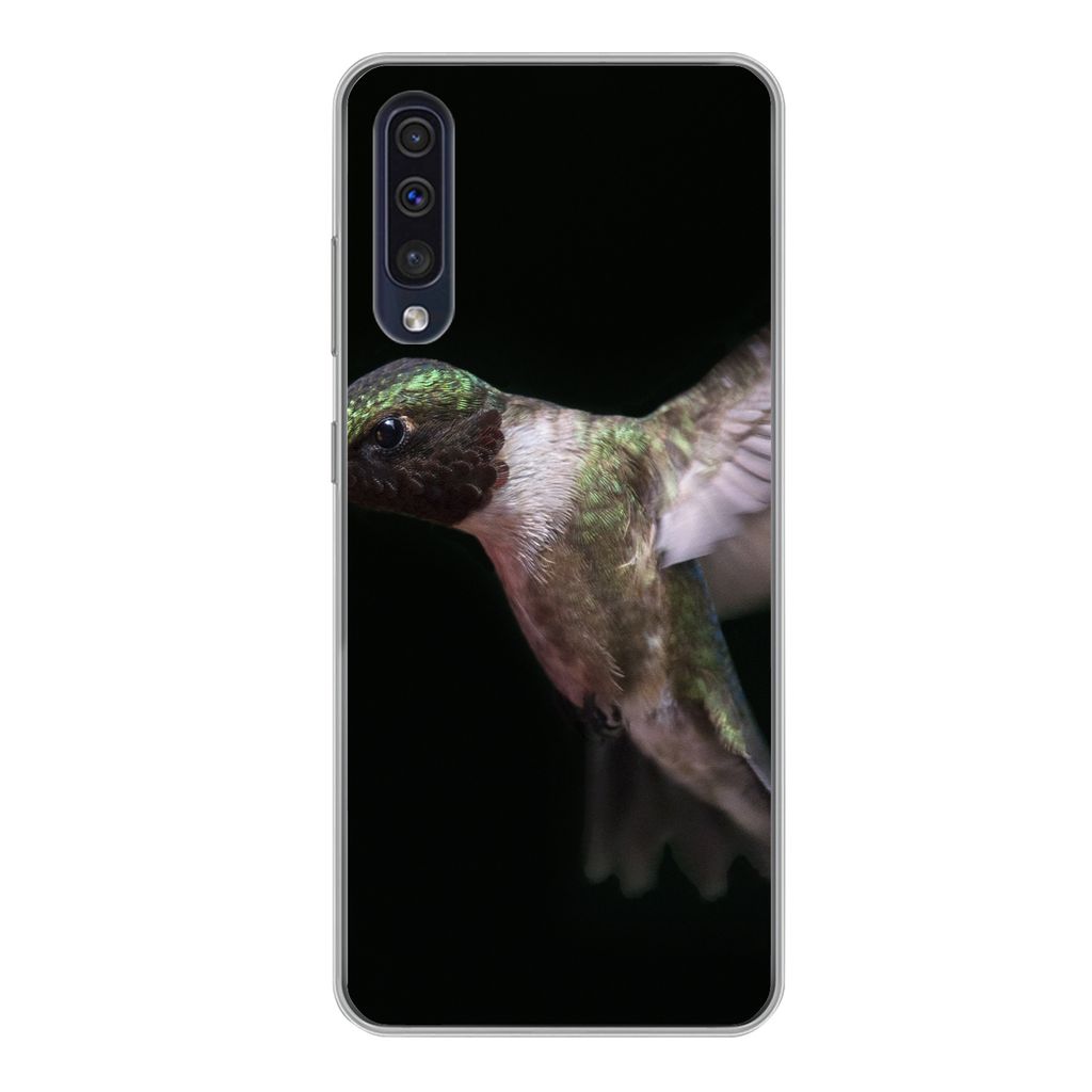 MuchoWow Handyhülle Schutzhülle Hülle für Samsung Galaxy A50 Rubinkehl-Kolibri auf schwarzem Hintergrund Silikon Softcase Handy Hülle