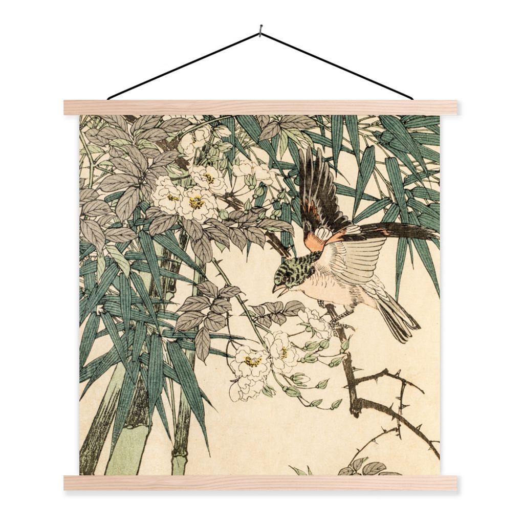 MuchoWow Textilposter Roter Vogel im Bambus 60x60 cm mit holzfarbenen Rahmen - Wanddekoration