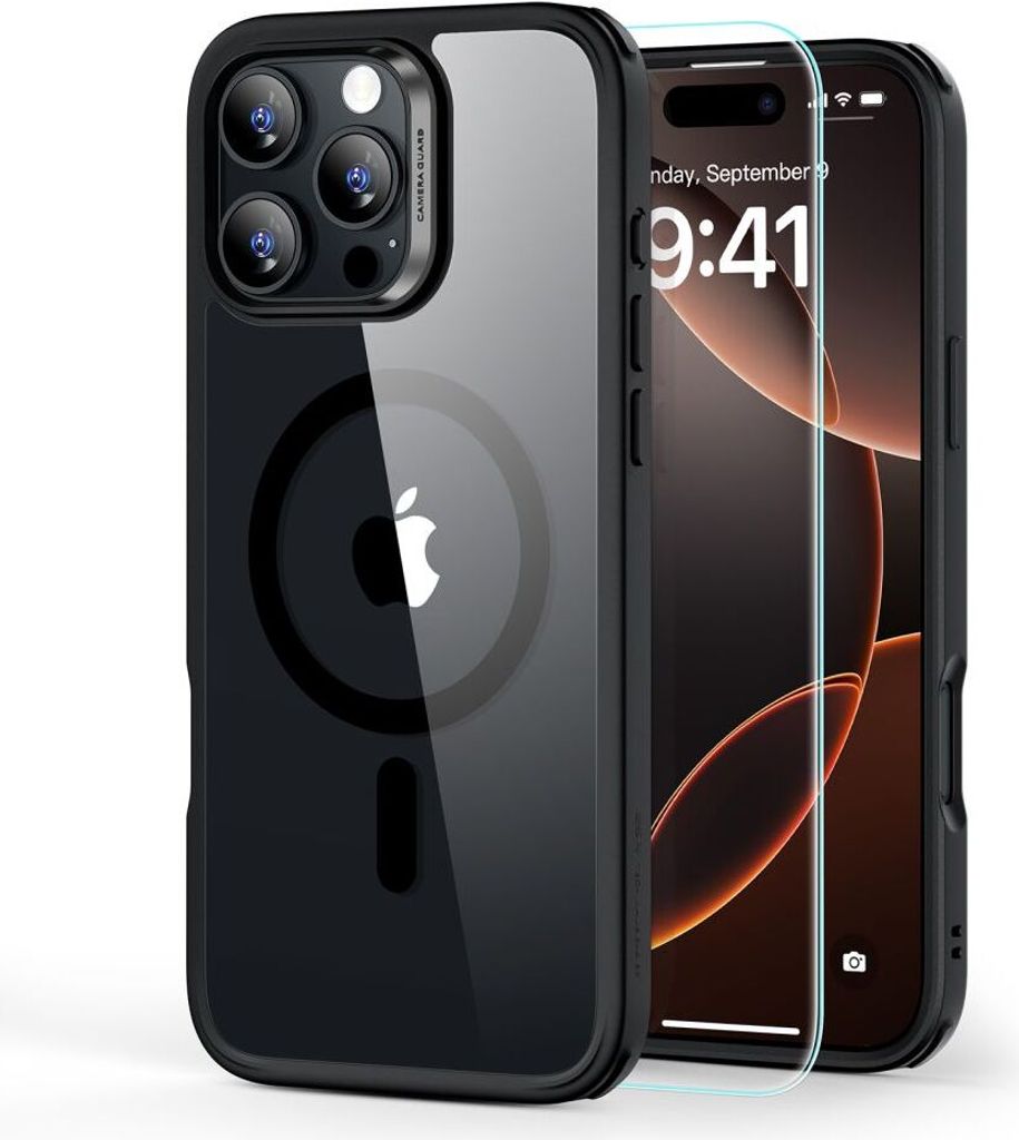 ESR Classic Hybrid Halolock MagSafe Hülle + Panzerglas für iPhone 16 Pro - Klar mit schwarzem Rahmen
