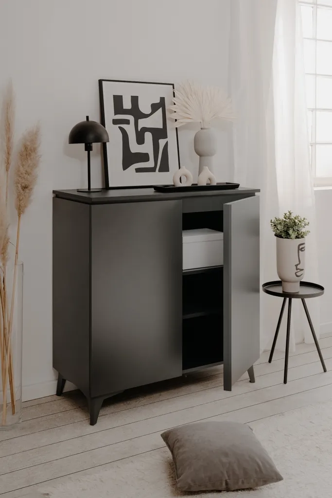 Petit Buffet de Rangement Bertrix Gris Anthracite - Meuble Bas 92cm - 4