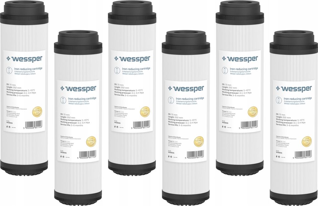 A group of six water filter cartridges arranged in two rows.