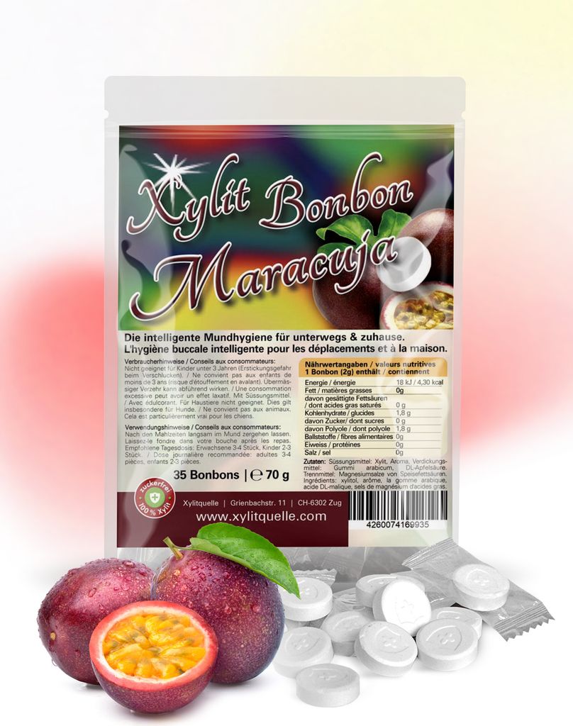 Xylit Birkenzucker Bonbons MARACUJA (Passionsfrucht) | 100% mit Xylit gesüsst | 70g Inhalt | 35 Bonbons einzeln verpackt | mit natürlichem Aroma ...