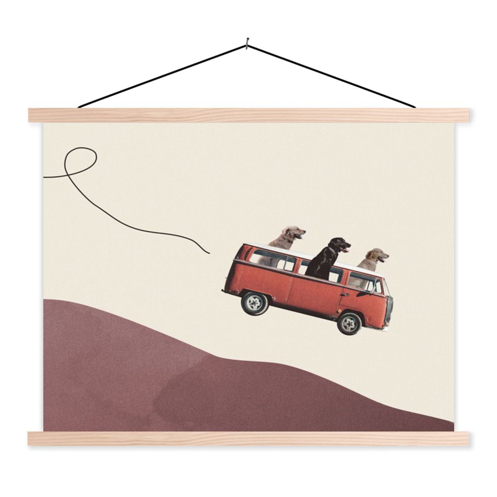 MuchoWow Textilposter Hund - Retro - Bus 40x30 cm mit holzfarbenen Rahmen - Bilder