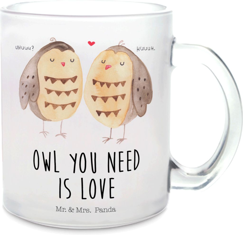 Mr. & Mrs. Panda Teetasse Eulen Liebe - Transparent - Geschenk, Eule, Kakaotasse, Pärchen, Owl, glastasse, Trinkglas, Freundin, glücklich, Teegla...