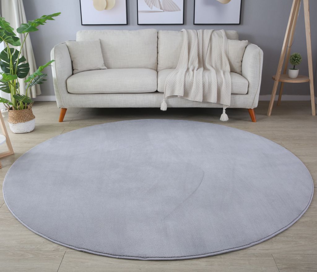 Kurzflor Teppich Wohnzimmer Silber 200x200 Rund Unicolor - Einfarbig aus Polyester