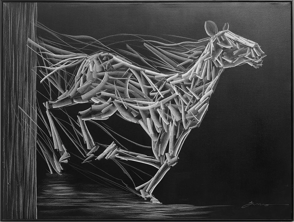 Peinture à l'huile Cheval 3D Fine Asianliving Cadre Noir 120x90cm