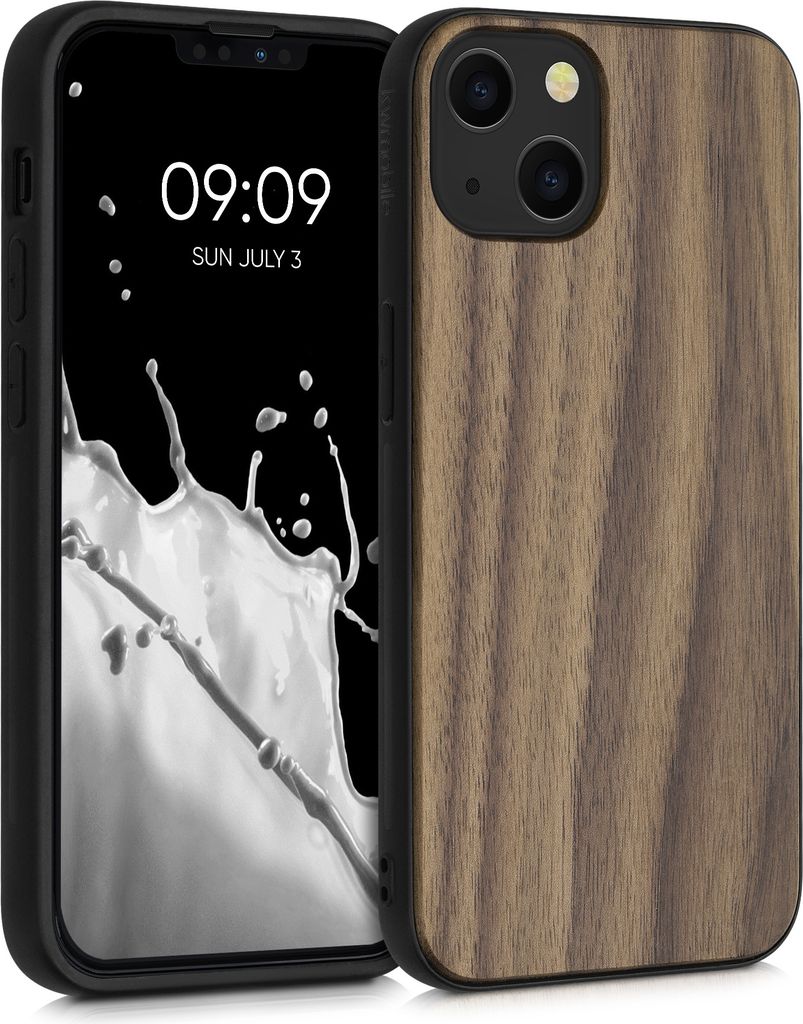 kwmobile Hülle kompatibel mit Apple iPhone 13 Hülle - Holz Case - stoßfestes Handy Cover - TPU Handyhülle in Dunkelbraun
