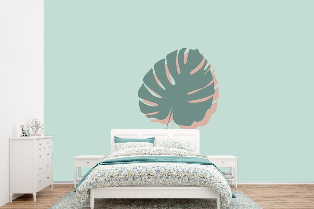 MuchoWow Fototapete für Wohnzimmer oder Schlafzimmer Wandtapete Vinyl Motivtapete Sommer - Monstera - Pastell - 330x220 cm - Fototapeten