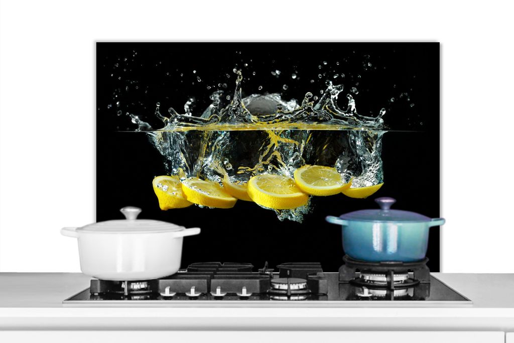 KitchenYeah Spritzschutz Küche - Küchenrückwand - Wandschutz für Herd und Spüle - Zitrone - Frucht - Gelb - Stilleben - Wasser 90x60 - Alu-D...