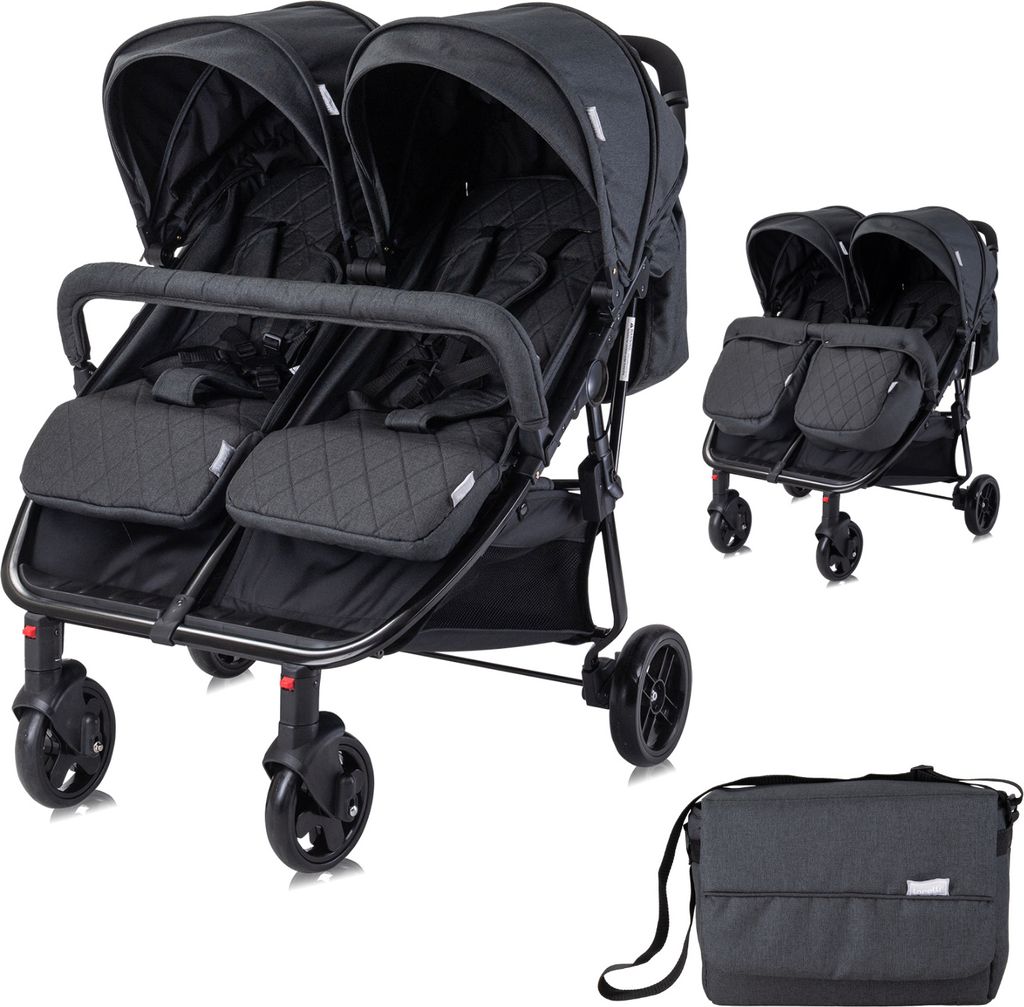 Lorelli Zwillingskinderwagen Duo, Zwillingsbuggy leicht und kompakt, Zwillingswagen, Kinderwagen für 2 Kinder, Buggy für Zwillinge, Schwarz
