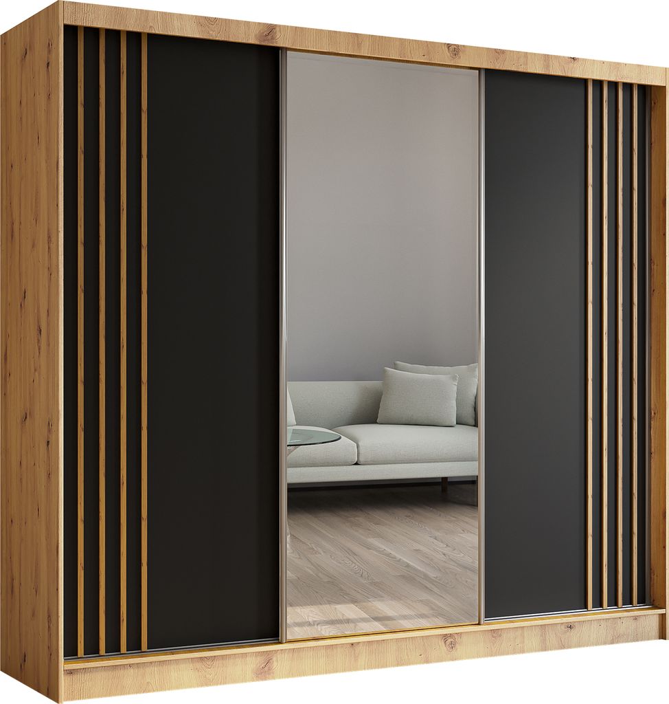 ALTDECOR Kleiderschrank mit Spiegel und Schiebetüren, kugelgelagerte Führungsschienen und Aluminium-Leisten - NALLA - 240 cm (Artisan + Schwarz +...