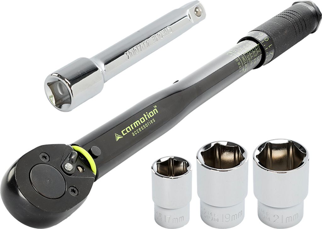 Drehmomentschlüssel 28-210 Nm, 1/2" + Steckschlüssel 17, 19 und 21 mm + Verlängerung 125 mm, Kalibrierungszertifikat