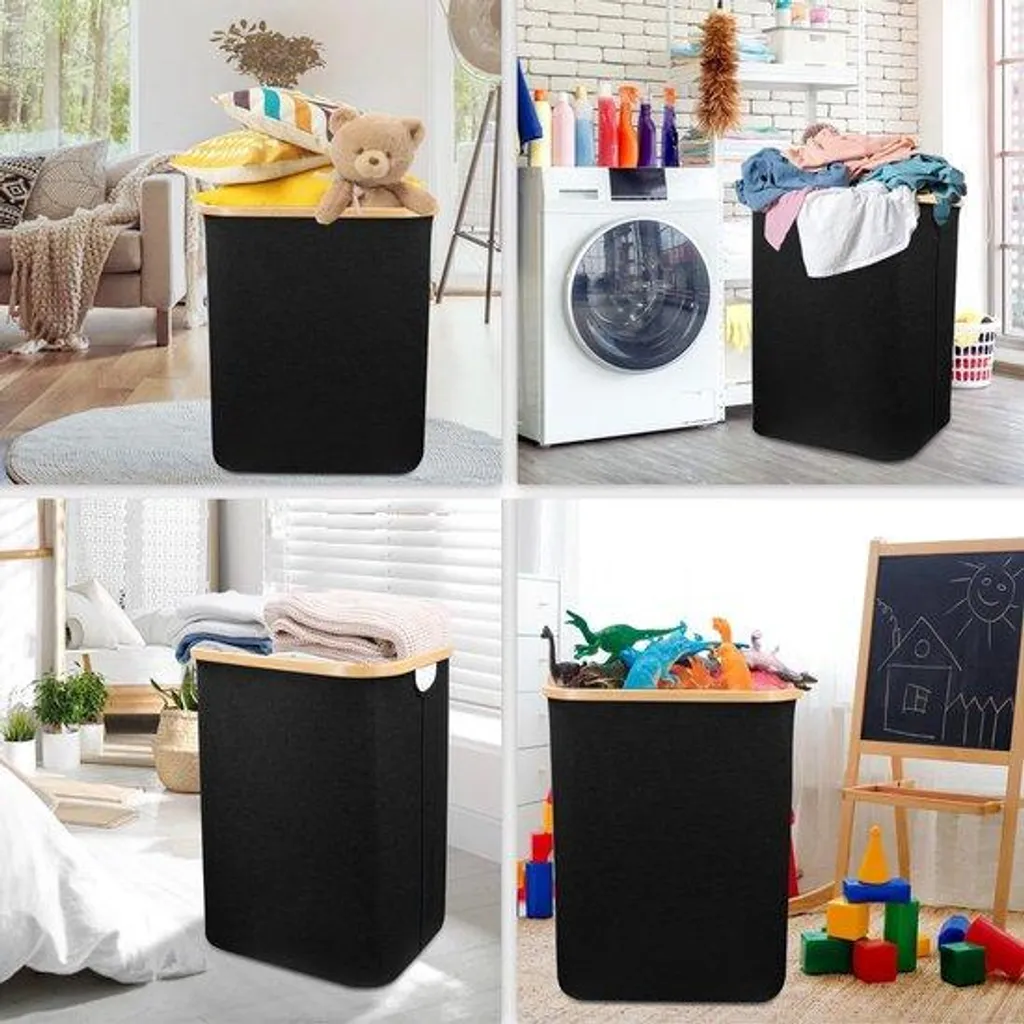 Panier à linge bambou et bois naturel 80L avec couvercle - Grand format