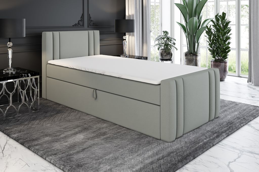 Boxspringbett, Jugendbett KLAUS 80x200 (Links) mit Bettkästen, Bonell-Matratze und Topper. Farbe: Grau.