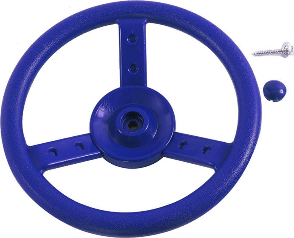 A blue plastic steering wheel with a screw and a cap.