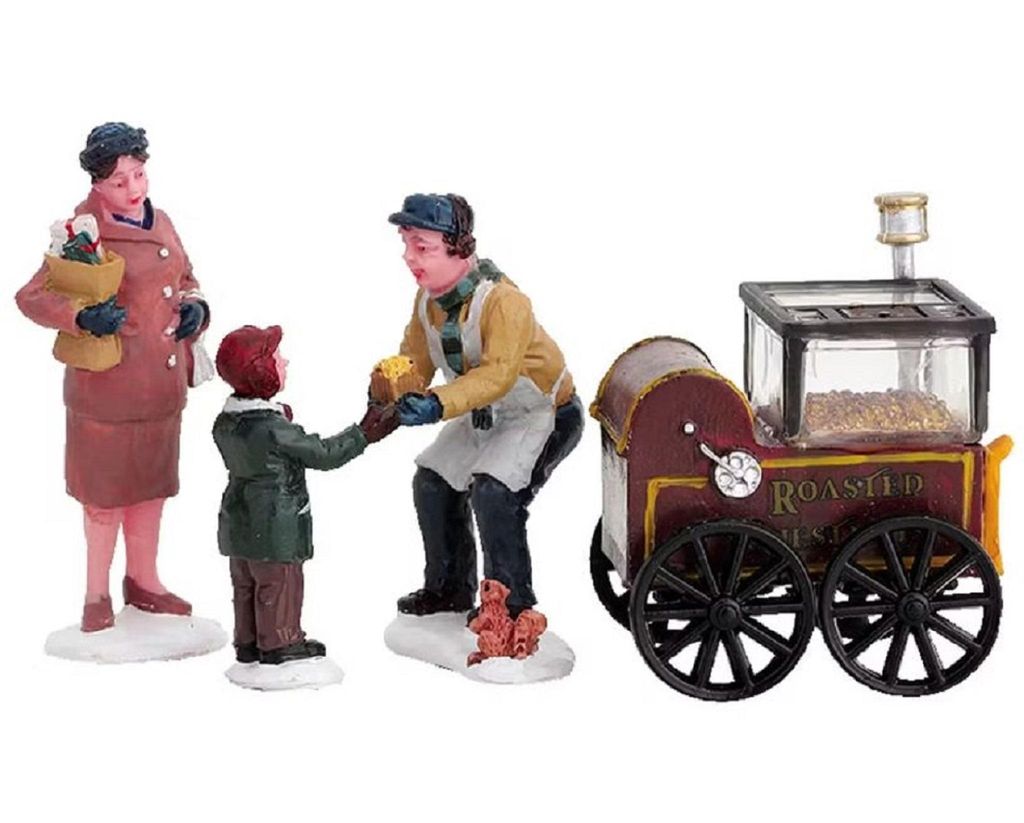 Im Mittelpunkt stehen drei Figuren und ein kleiner Wagen, der als Kastanienröster dargestellt ist.