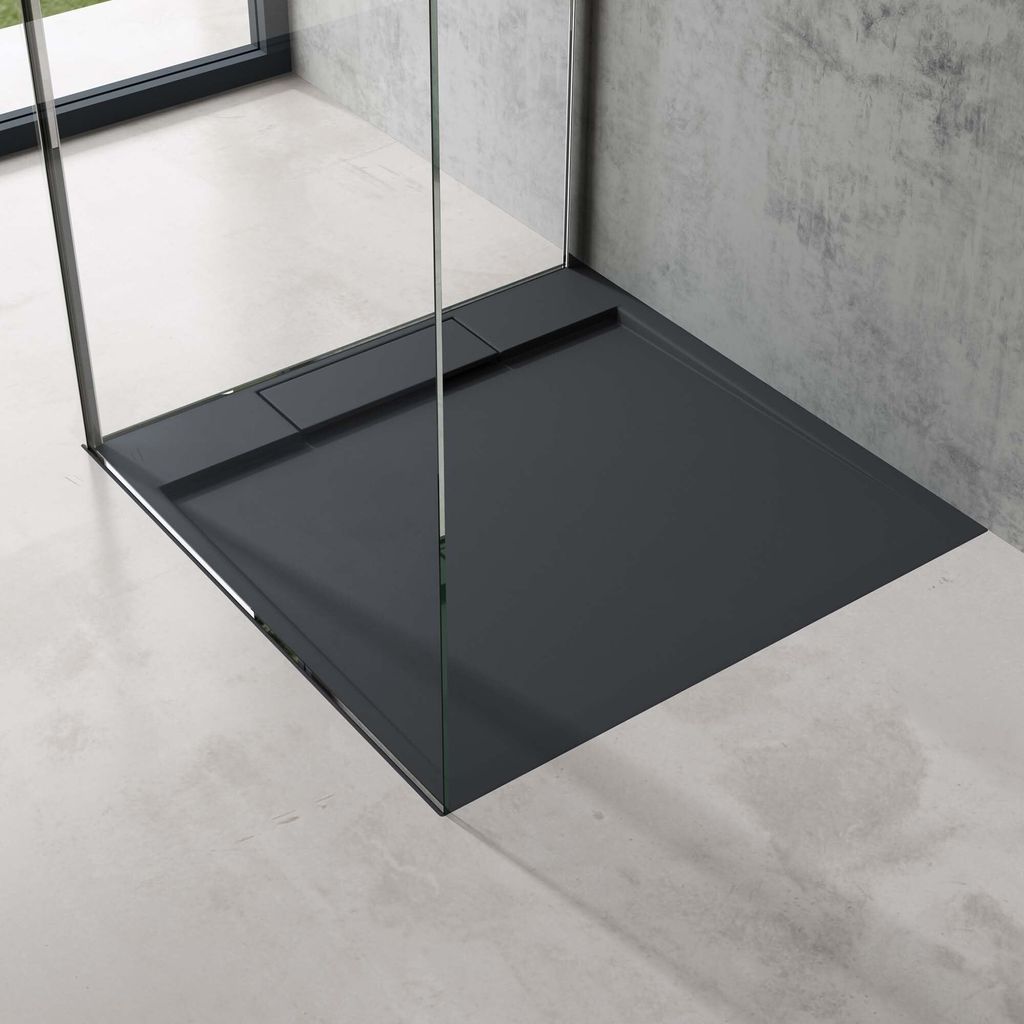 doporro Duschtasse Duschwanne 90x90x4 flach Mineralguss in Anthrazit inkl. Ablaufgarnitur AL06 DIN-Anschlüsse für bodenebene Montage geeignet Geo...