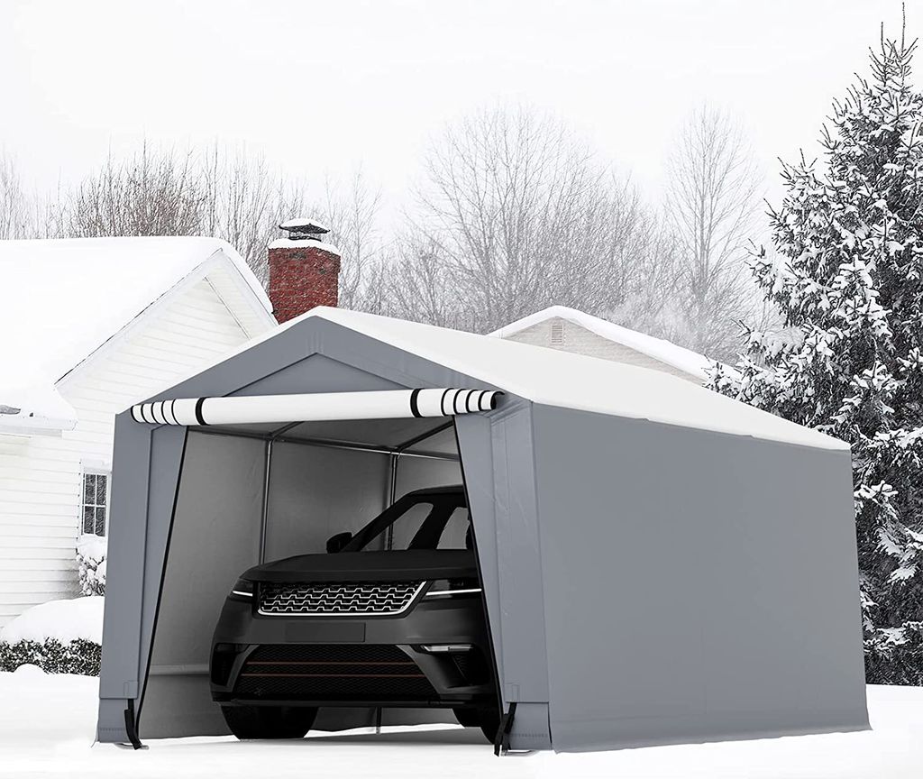 GOPLUS 3x4,9M Outdoor Carport Vordach, tragbare Auto Unterstand Garage Zelt mit abnehmbare Tür, stabile dreieckige Balken, Stahlrahmen