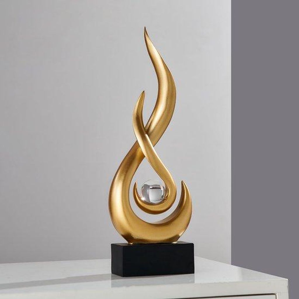 Unyqoos® Gouden abstracte vlamsculptuur van hars en glas, Productafbeelding 