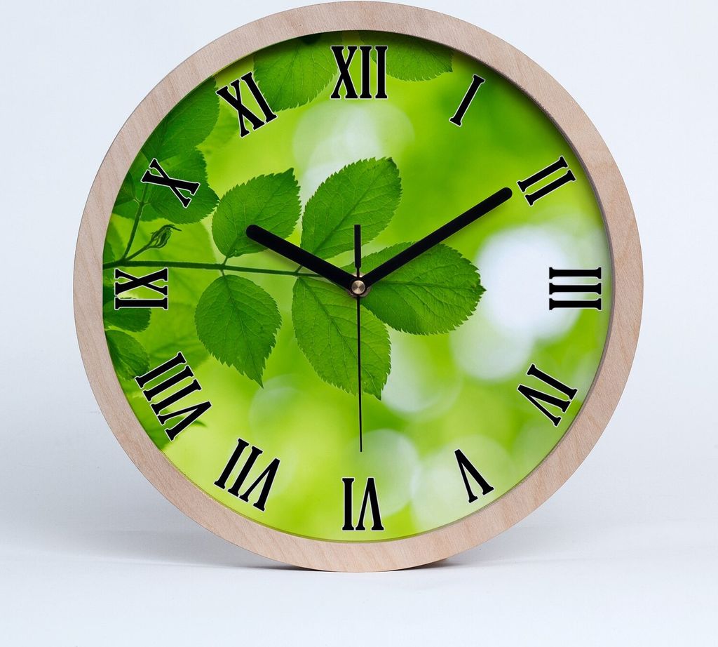 Holzuhr 25fi cm wanduhr - schwarze Spitzen - grüne Blätter