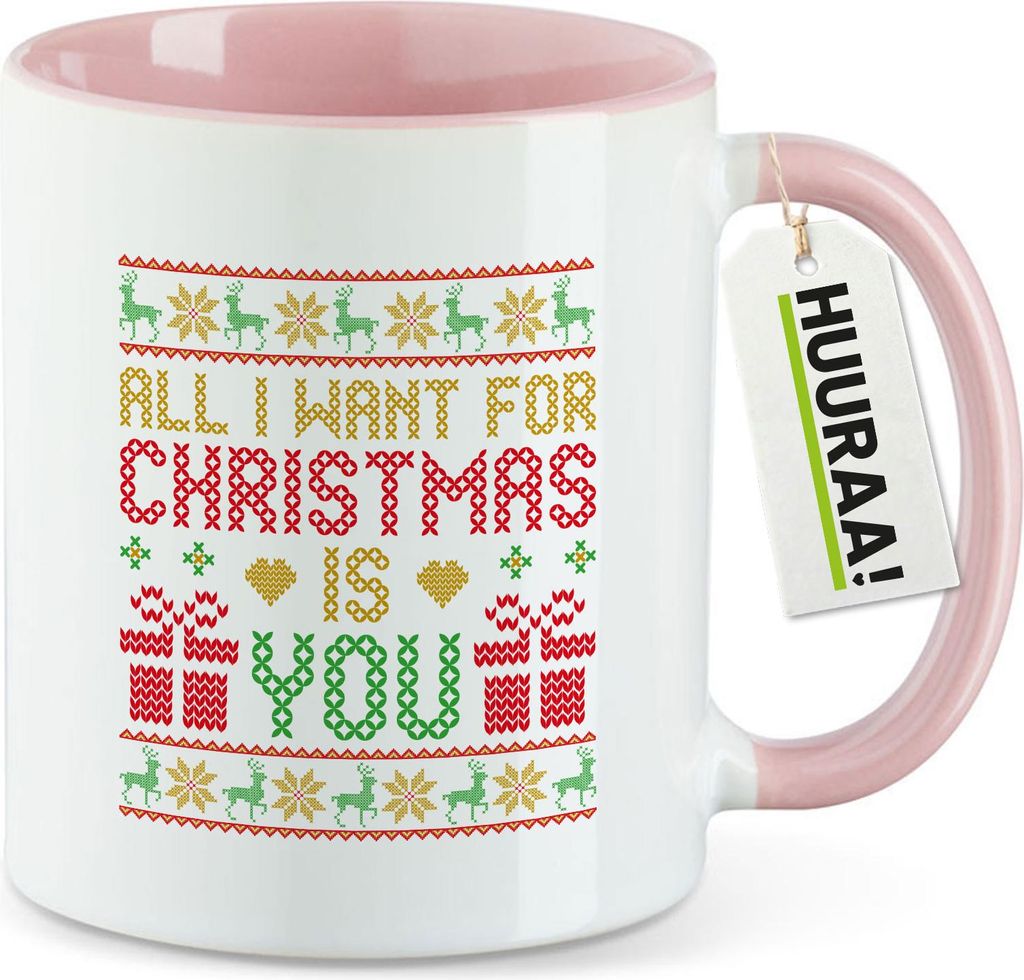 Huuraa Kaffeetasse Ugly Christmas All I want is you 330ml Rosa Keramik Kaffeebecher Geschenkidee