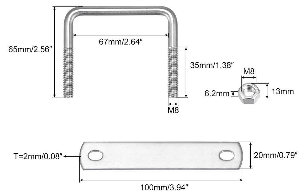 2 S?tze Quadratische U Bolzen 67mm(2.64") Innenbreite 65mm L?nge M8 304 Edelstahl U Klemmschraube mit Mutter und Platte fš¹r Bootsanh?nger