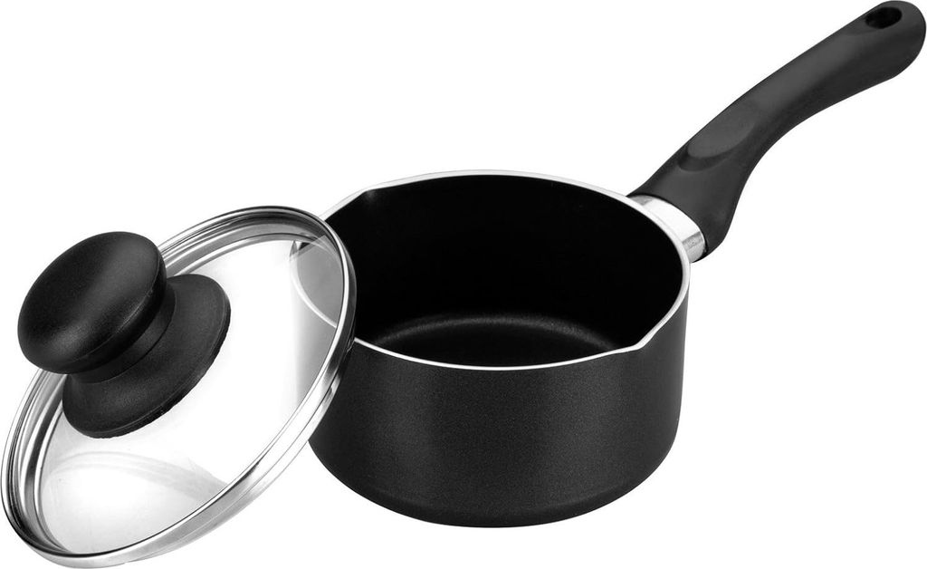 Stahlpfanne Indubasic mit Auslauf/Deckel 12 cm, Aluminium, schwarz/transparant, 2 Stück