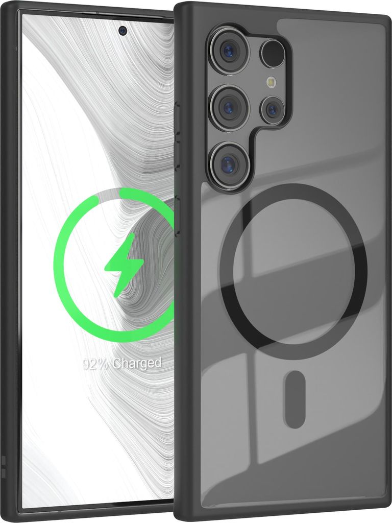 EAZY CASE Clear MagSafe Case für Samsung Galaxy S24 Ultra, Qi-Charging, Silikon mit Kameraschutz, Bumper Case in Schwarz