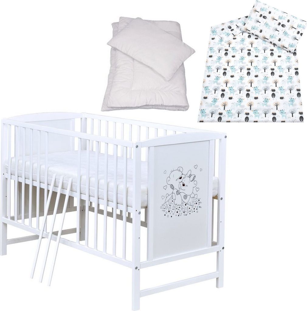 Baby-Delux Babybett Gitterbett Mia weiß 120x60 Bettset 4-Tlg. Matratze verschiedene Designs Waldreh