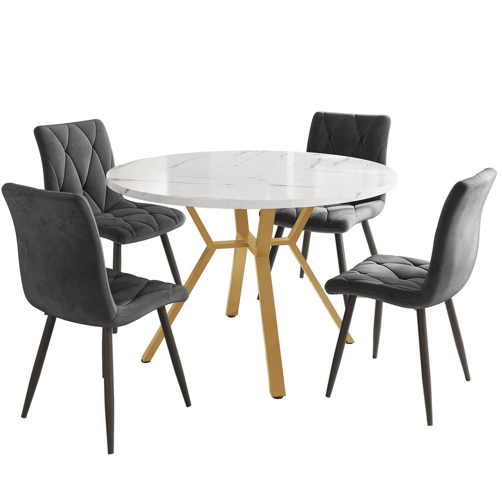Esstisch-Set, Esstisch- und Stuhlset (5-teilig), modernes, schlichtes rundes Esstisch- und Stuhlset aus Marmor, Grauer Esszimmerstuhl