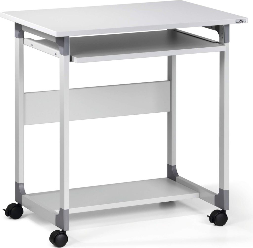 A white and gray computer workstation on wheels.