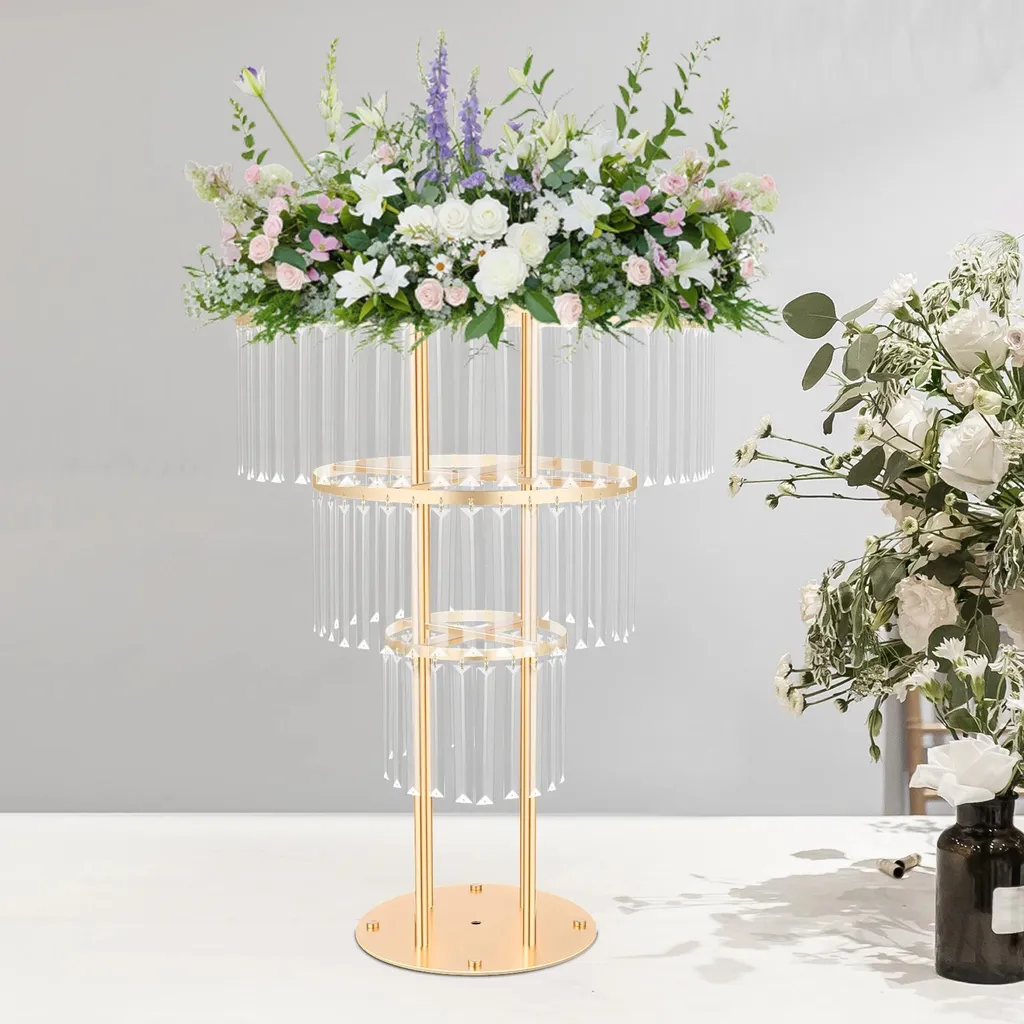 Décoration mariage : Support fleurs doré 3 étages en cristal 90cm