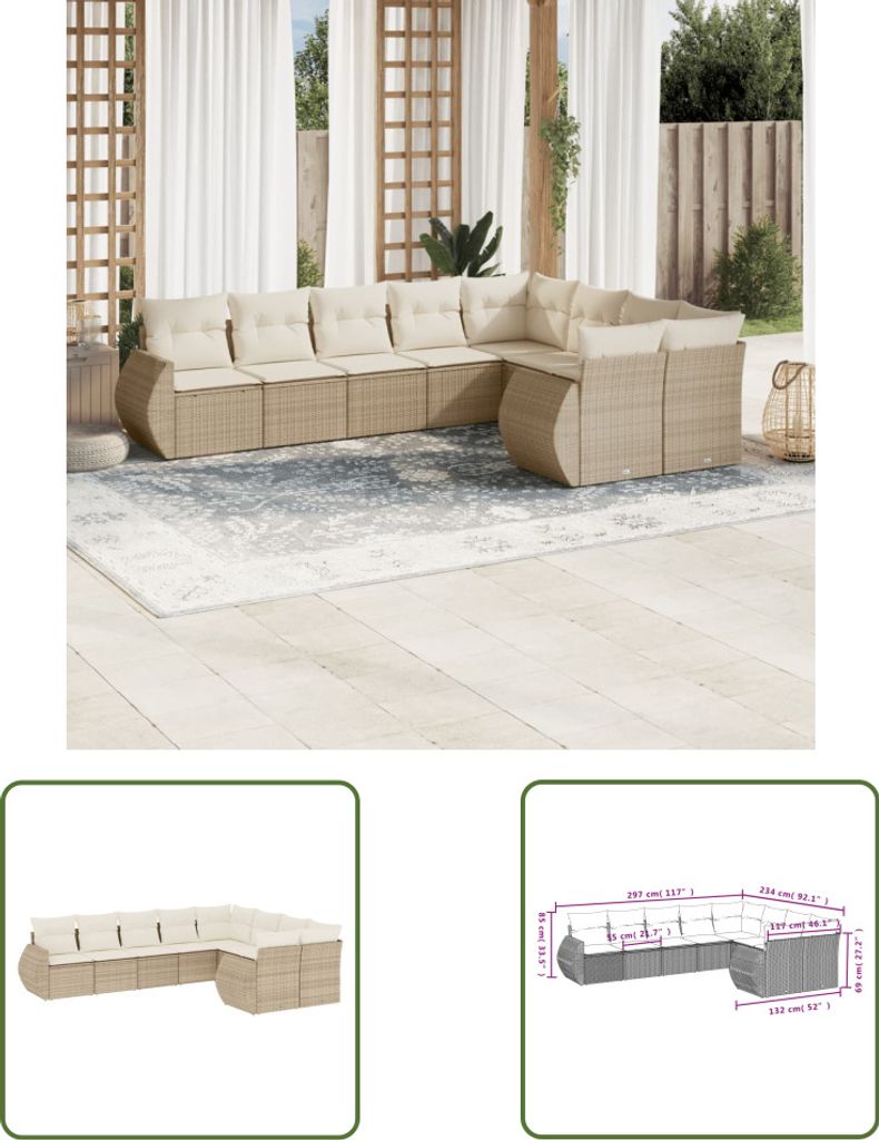 The Living Store 9-tlg. Garten-Sofagarnitur mit Kissen Beige Poly Rattan