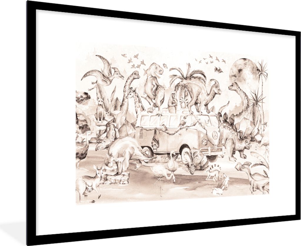 MuchoWow Gerahmtes Poster Dinosaurier - Bus - Kinder - Tiere - Bäume 90x60 cm - Poster mit Schwarzem Bilderrahmen Wandposter Rahmen Foto Bilder ...