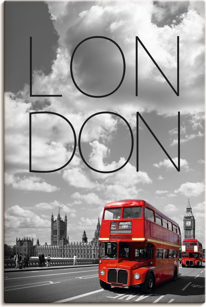 ARTland Leinwandbild Rote Busse in London | Text & Skyline Größe: 20x30 cm