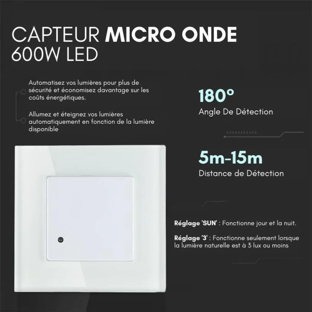Détecteur micro-ondes encastrable 360° blanc à sensibilité réglable