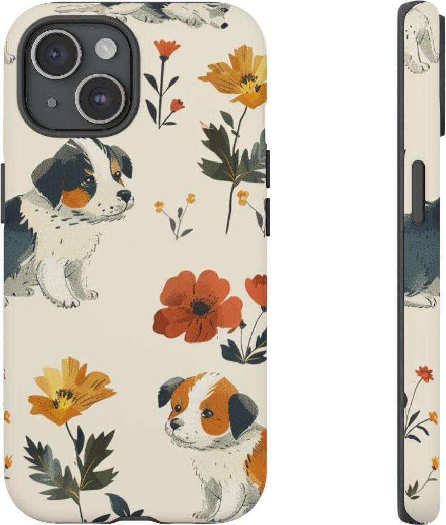Niedliche Welpen und Blumenmuster – Hülle Kompatibel mit iPhone 15