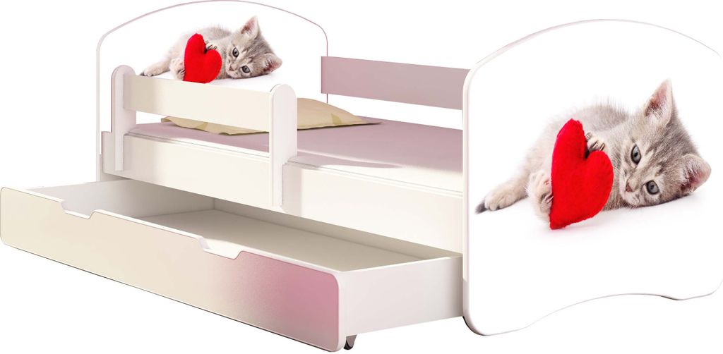 ACMA Jugendbett Kinderbett Junior-Bett Komplett-Set mit Matratze Lattenrost und Rausfallschutz Weiß 40 Katze mit Herz 140x70 + Bettkasten
