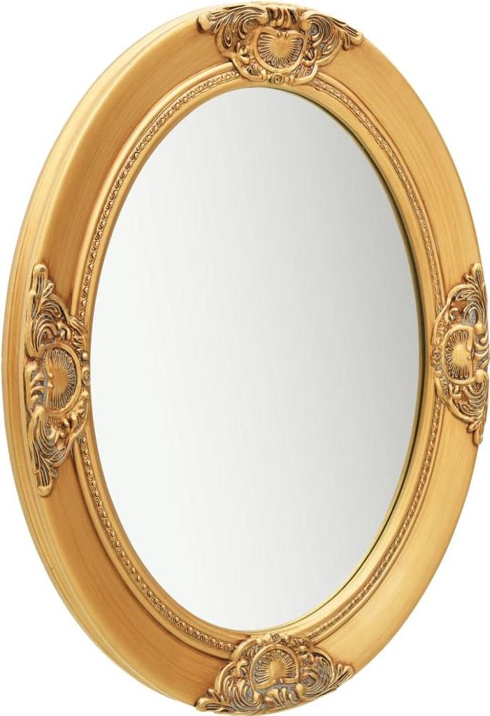 A close-up, studio shot of an oval, baroque-style wall mirror with a gold frame.