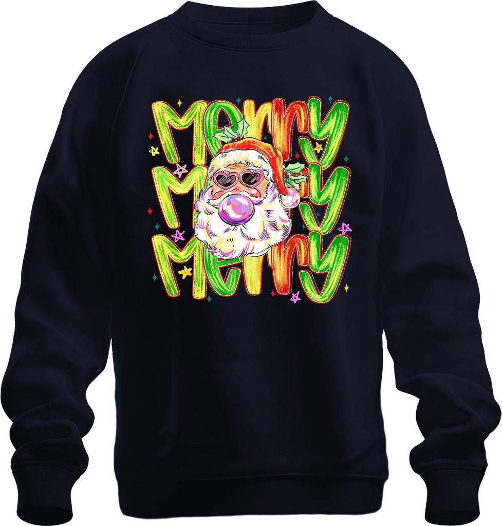 Merry Merry Weihnachtsmann Bubblegum Herzbrille bunt Retro Uni Sweatshirt Pullover, Navy, XL