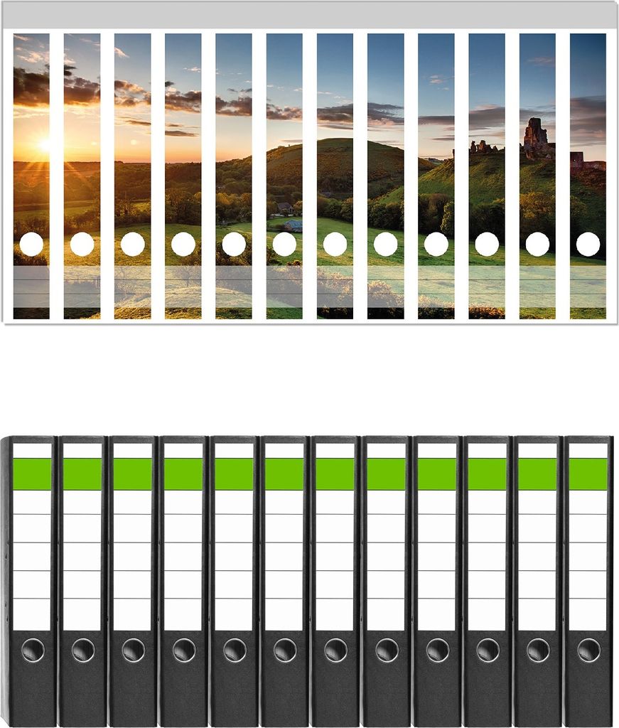 Wallario 12 Stück schmale Ordner inkl. Klebeetiketten mit Motive Schlosspanorama in England bei Sonnenaufgang - Set mit Rückenschildern / Ordnerr...