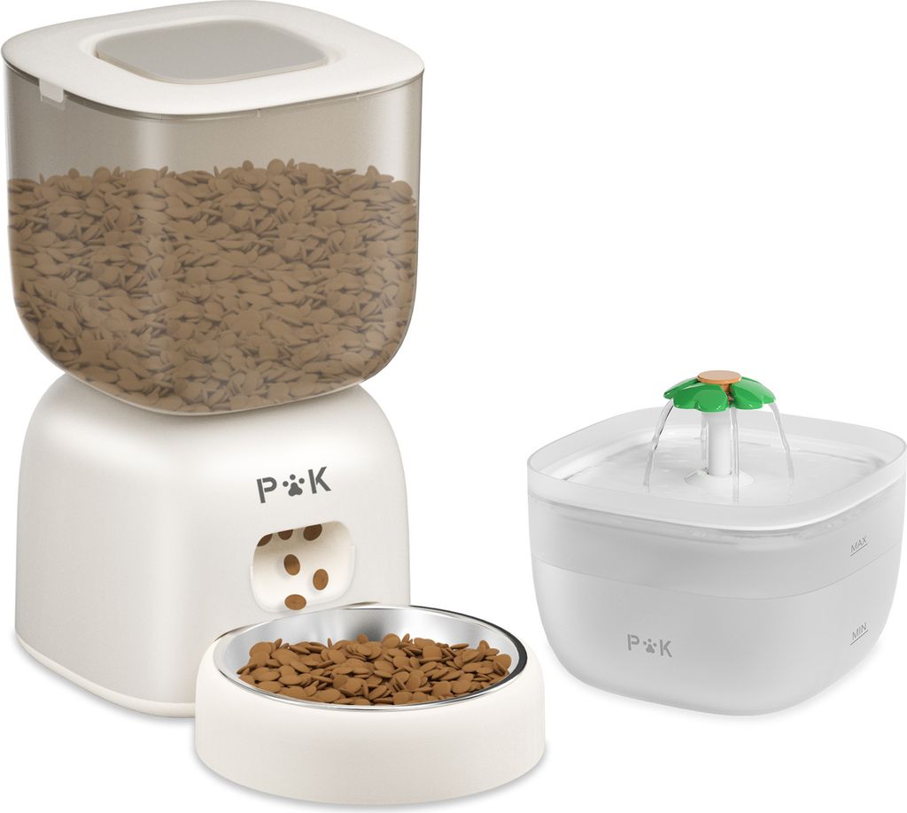Balimo 2-in-1 Futter- & Wasserspender - Katze & Hund - Automatischer Futterautomat - Automatischer Wassernapf - Trinknapf - Weiß