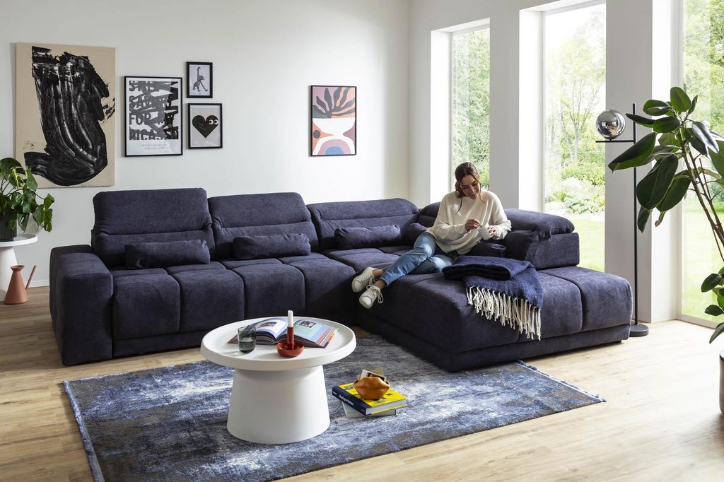 Polstergarnitur >Donaugh< inkl. aller Funktionen, blau-schwarz - 323x76x231 (BxHxT)